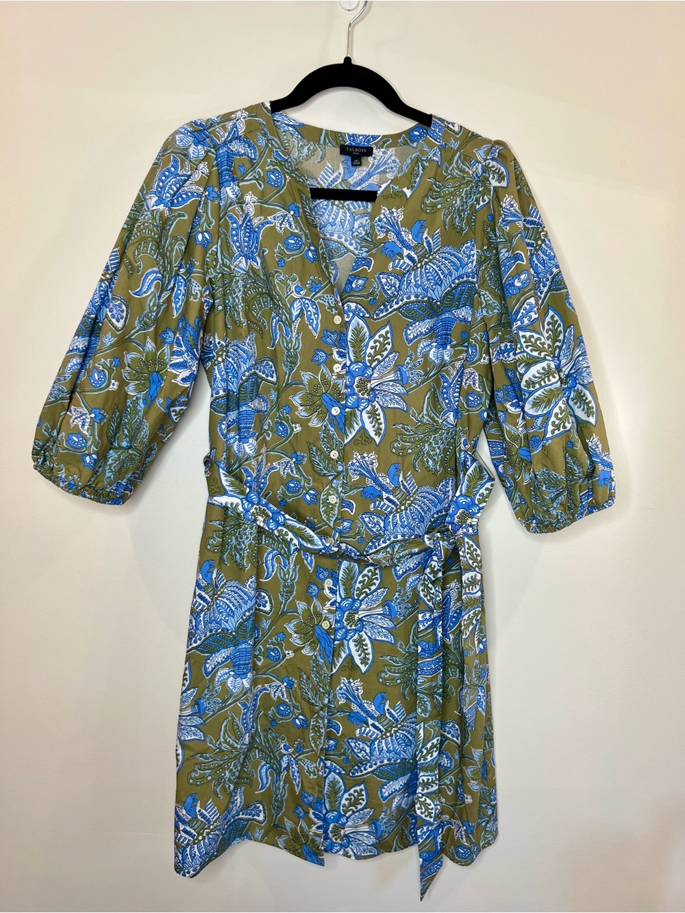 Talbots Olive Blue Floral Print Shirt Dress Belt Button Front Pockets Womens 10P